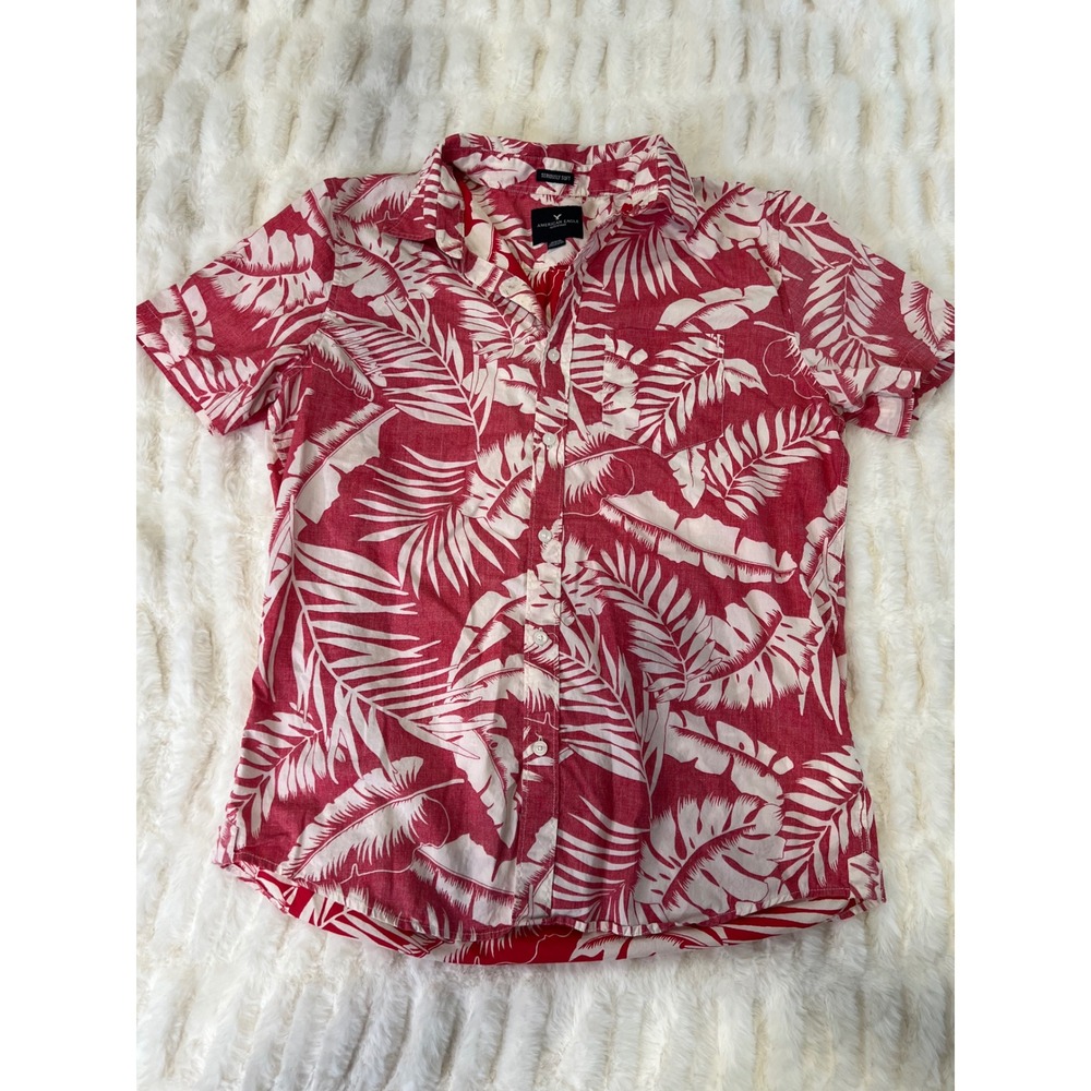 American Eagle Mens Red White Tropical Palm Leaf Short Sleeve Button Down Shirt